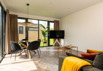 Salon moderne à Oak Lodge, Vakantiepark Hölte aux Pays-Bas, avec de grandes fenêtres et un décor chaleureux.