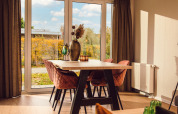 Bright living area in a tiny cabin at Vakantiepark Hölte, Netherlands, with large windows and modern decor.