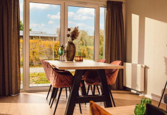 Séjour lumineux dans une tiny cabin au Vakantiepark Hölte, Pays-Bas, avec grandes fenêtres et déco moderne.