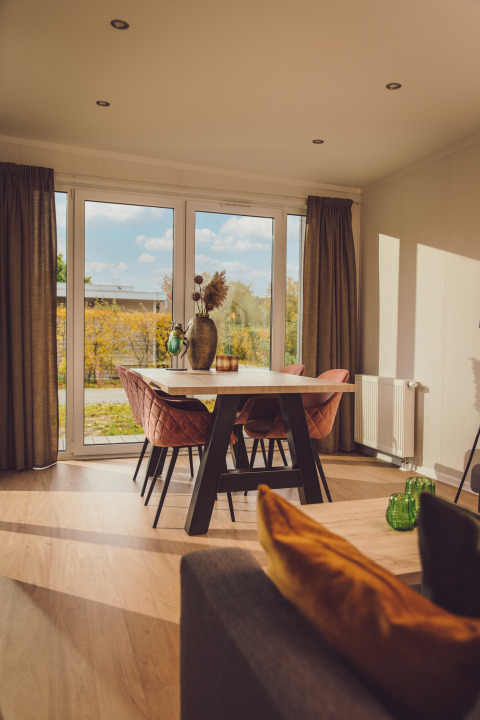 Lichte leefruimte in een tiny cabin bij Vakantiepark Hölte, Nederland, met grote ramen en modern meubilair.