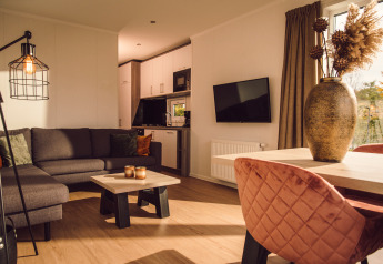 Gemütliches Wohnzimmer einer Tiny Cabin im Vakantiepark Hölte, Niederlande, mit moderner Einrichtung.