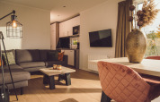 Knusse woonkamer in een tiny cabin op Vakantiepark Hölte in Nederland, met moderne inrichting en licht.