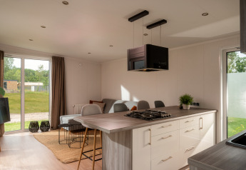 Moderne, lys stue og køkken i et tiny house på Vakantiepark Hölte i Holland, med store vinduer og naturudsigt.