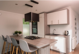 Moderne lille køkken i Tiny Cabin med spiseplads, gaskogeplade og kedel på Vakantiepark Hölte, Holland.