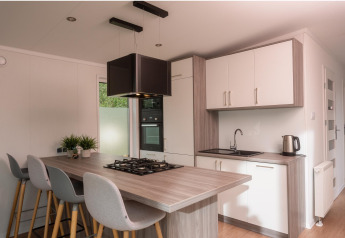 Modern small kitchen in a Tiny Cabin at Vakantiepark Hölte, Netherlands, with island seating and gas cooktop.