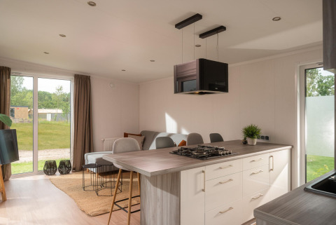 Moderne stue og køkken i et tiny house med store vinduer, lyst interiør og udsigt til grønt område.