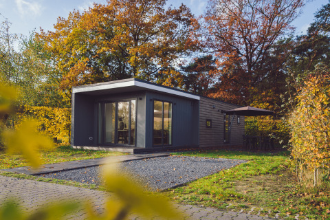 Tiny house moderna Tiny Cabin con vasca idromassaggio, circondata da alberi autunnali a Vakantiepark Hölte, Paesi Bassi.
