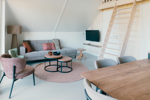 Stijlvolle woonkamer van de Big Lodge in Holiday park De Boshoek, Nederland, met mezzanine en modern meubilair.