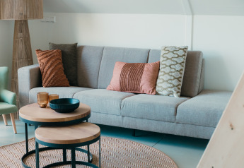 Modernes Wohnzimmer mit grauem Sofa und farbigen Kissen in der Big Lodge im Ferienpark De Boshoek, Niederlande.