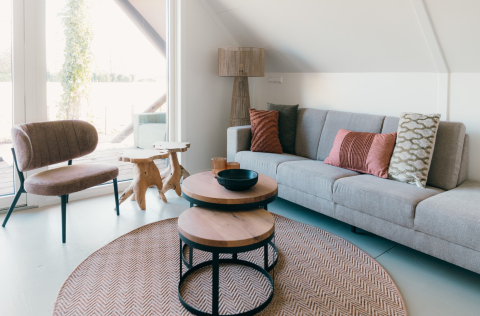 Moderne stue i Big lodge ved Holiday park De Boshoek i Holland, med lyse nuancer og elegante møbler.