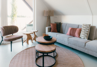 Moderne zithoek in Big Lodge aan Holiday park De Boshoek, Nederland, met stijlvolle meubels en zachte kleuren.