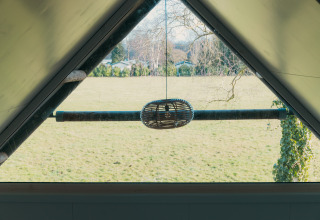 Uitzicht vanuit de Big Lodge in Holiday park De Boshoek, Nederland, met hanglamp en groene weide buiten.