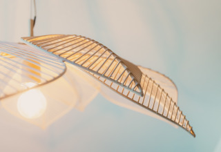 Moderne plafondlamp met uniek ontwerp, gezien in Big lodge in Holiday park De Boshoek, Nederland.