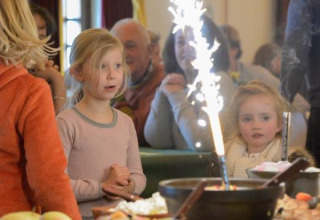 Twee kinderen kijken vol verbazing naar een taart met vuurwerkstaafjes in Expedition Archeon, Nederland.