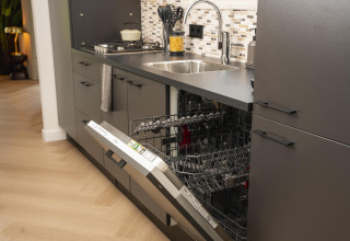 Cucina moderna presso Loevestein Comfort, Veluwepark de Bosgraaf, Paesi Bassi, con lavastoviglie aperta.