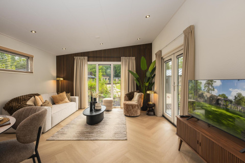 Modernes Wohnzimmer in der Loevestein Comfort Lodge im Veluwepark de Bosgraaf, Niederlande, stilvoll eingerichtet.