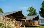 Safaritenten met eigen sanitair op Camping Tussen de Diepen in Nederland onder een heldere, blauwe lucht.