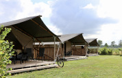 Tiendas safari con baño privado y terraza en un campo verde, ideales para acampar con comodidad.