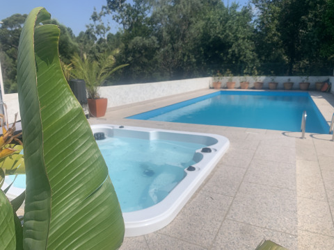 Buitenzwembad en bubbelbad met tropische planten bij een safaritent op Glamping de Cerveira in Portugal.