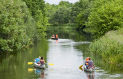 Folk padler på en flod omgivet af grønne træer ved Vestbirk Camping i Region Hovedstaden, Danmark.