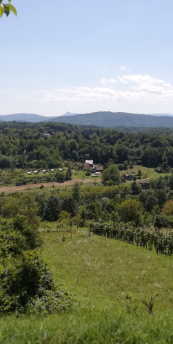 Blick auf eine Ferienanlage mit Glamping-Unterkünften und Hügeln im Hintergrund an einem sonnigen Tag.