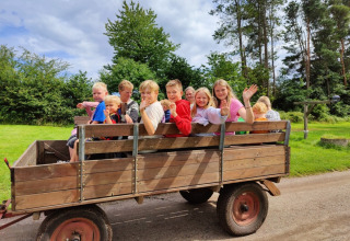 Kinderen en volwassenen maken een vrolijke rit in een houten wagen bij Vestbirk Camping, omgeven door natuur.
