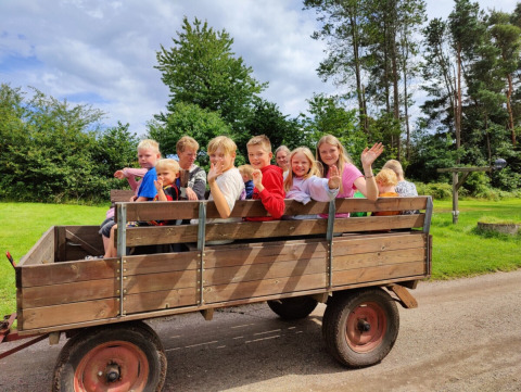 Niños y adultos disfrutan de un paseo alegre en un carro de madera rodeados de naturaleza en Vestbirk Camping, Dinamarca.