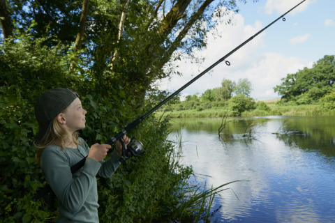 Enfant pêchant près d'un lac bordé d'arbres à Vestbirk Camping, dans la région capitale du Danemark.