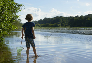 Enfant avec une épuisette marchant dans l’eau au Vestbirk Camping, entouré de nature au Danemark.