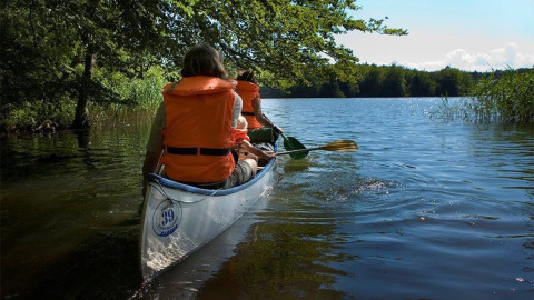Two people paddle a canoe on a tranquil lake surrounded by nature near Østbirk, Denmark, wearing life jackets.