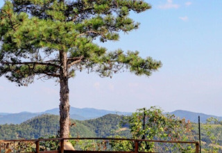 Swimmingpool mit Blick auf Hügel und Bäume im Vestbirk Camping, Hauptstadtregion von Dänemark, Dänemark.