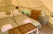 Indretning i Carvalho 4 Meter XL Bell Tent med to senge, kommode, ventilator og mini køleskab på Glamping de Cerveira.