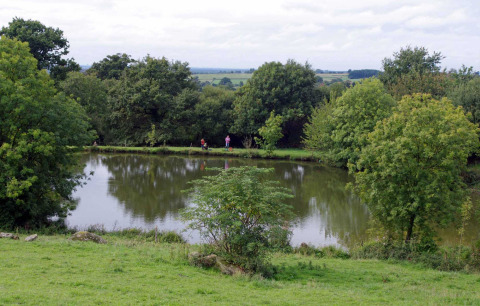 Een rustige vijver omringd door bomen in Feather Down La Flocellière en Vendée vakantiepark, Pays de la Loire, Frankrijk.