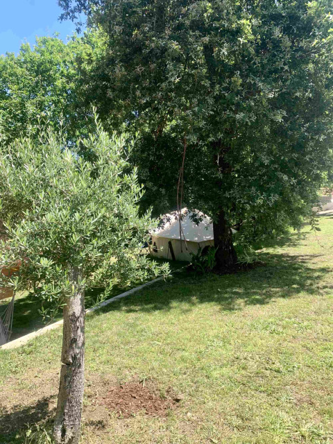 Tienda bajo árboles en Glamping de Cerveira, un parque vacacional en el norte de Portugal, rodeada de naturaleza.