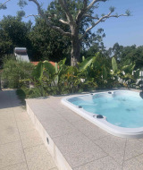 Jacuzzi exterior en Glamping de Cerveira, un parque de vacaciones en el norte de Portugal, rodeado de plantas.