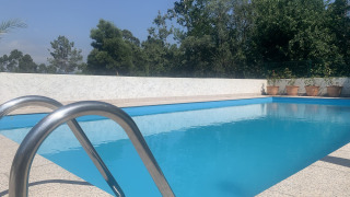 Piscina exterior con escalera metálica, rodeada de plantas en macetas y árboles en Glamping de Cerveira.