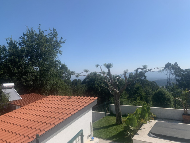 View from Glamping de Cerveira in northern Portugal, featuring a red tile roof, trees, and scenic hills.