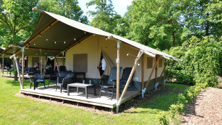 Tienda safari en Camping Emmen, Países Bajos, con terraza y sillas, rodeada de naturaleza verde.