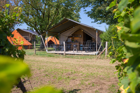 Tienda safari con instalaciones sanitarias en Camping de Boomgaard, Bélgica, rodeada de vegetación.