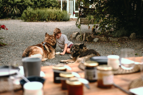 Un niño juega con dos perros en el patio de Feather Down Les Jardins des Coccinelles, junto a una mesa exterior.