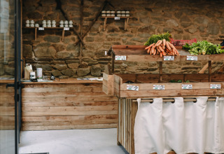 Étale de légumes en intérieur avec carottes fraîches et laitues chez Feather Down, Bretagne, France.