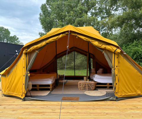 Tienda safari Bivak Deluxe - Gent con dos camas, terraza de madera y entorno natural verde vistos desde fuera.