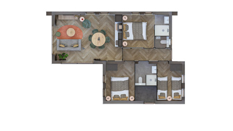 Plano de una cabaña que muestra sala de estar, comedor y tres dormitorios, todos con baño privado.