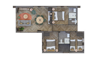 Plan d’une lodge avec salon commun, coin repas et trois chambres disposant chacune d’une salle de bain.