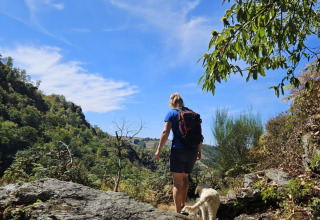 Un randonneur avec un sac à dos et un chien marche sur un sentier rocheux sous le ciel bleu en Occitanie, France.