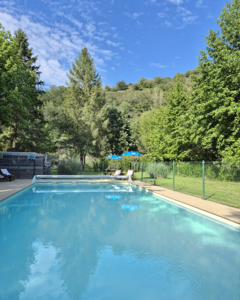 Piscina all’aperto circondata da alberi e colline verdi al Camping Pittoresque in Occitania, Francia.