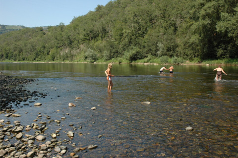 Camping Pittoresque en Occitania, Francia, con personas caminando por un río poco profundo junto al bosque.