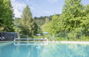 Udendørs swimmingpool ved Camping Pittoresque i Occitanie, Frankrig, omgivet af frodige grønne træer.