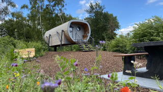 Casa pequeña Anthropod en Holiday Park 't Rheezerwold, Países Bajos, rodeada de flores silvestres y vegetación.
