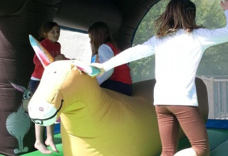 Bambini che giocano su un castello gonfiabile a tema asino al Camping Seasonova Les Marguerites, Francia.